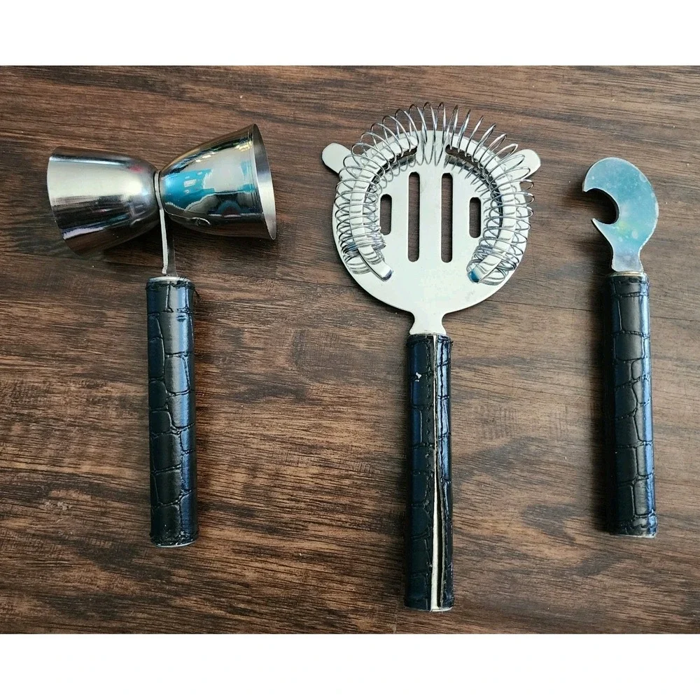 Vintage 3 Piece Bar Tool Set Jigger Strainer Bottle Opener Black Golf Club Grip